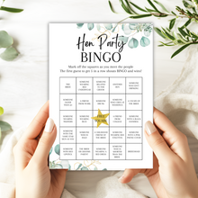 Load image into Gallery viewer, Hen Party Bingo Game | Bridal Shower Icebreaker | A5 Printed Cards | Eucalyptus Design | Funny &amp; Fun Game for Bride Tribe Party