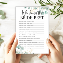 Load image into Gallery viewer, Who Knows the Bride Best Game | Hen Party Quiz | Bridal Shower Trivia | Eucalyptus Theme | Printed in UK | Wedding Fun | A5 Hen Games