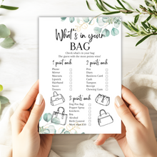 Load image into Gallery viewer, What&#39;s in Your Bag Game | A5 Hen Party Activity | Bridal Shower Printable Game | Eucalyptus Theme | Fun Icebreaker | UK Printed Bachelorette