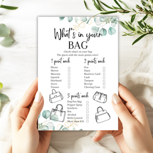 What's in Your Bag Game | A5 Hen Party Activity | Bridal Shower Printable Game | Eucalyptus Theme | Fun Icebreaker | UK Printed Bachelorette