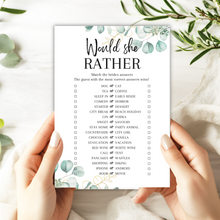 Load image into Gallery viewer, Would She Rather Hen Party Game | A5 Printed Bridal Shower Game | Bride Guessing Game | Fun Icebreaker | Eucalyptus Design