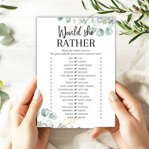 Would She Rather Hen Party Game | A5 Printed Bridal Shower Game | Bride Guessing Game | Fun Icebreaker | Eucalyptus Design