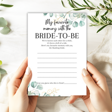 Load image into Gallery viewer, Favourite Memory with the Bride Game | A5 Printed Hen Party Activity | Keepsake Card | Bridal Shower Game | Eucalyptus Design