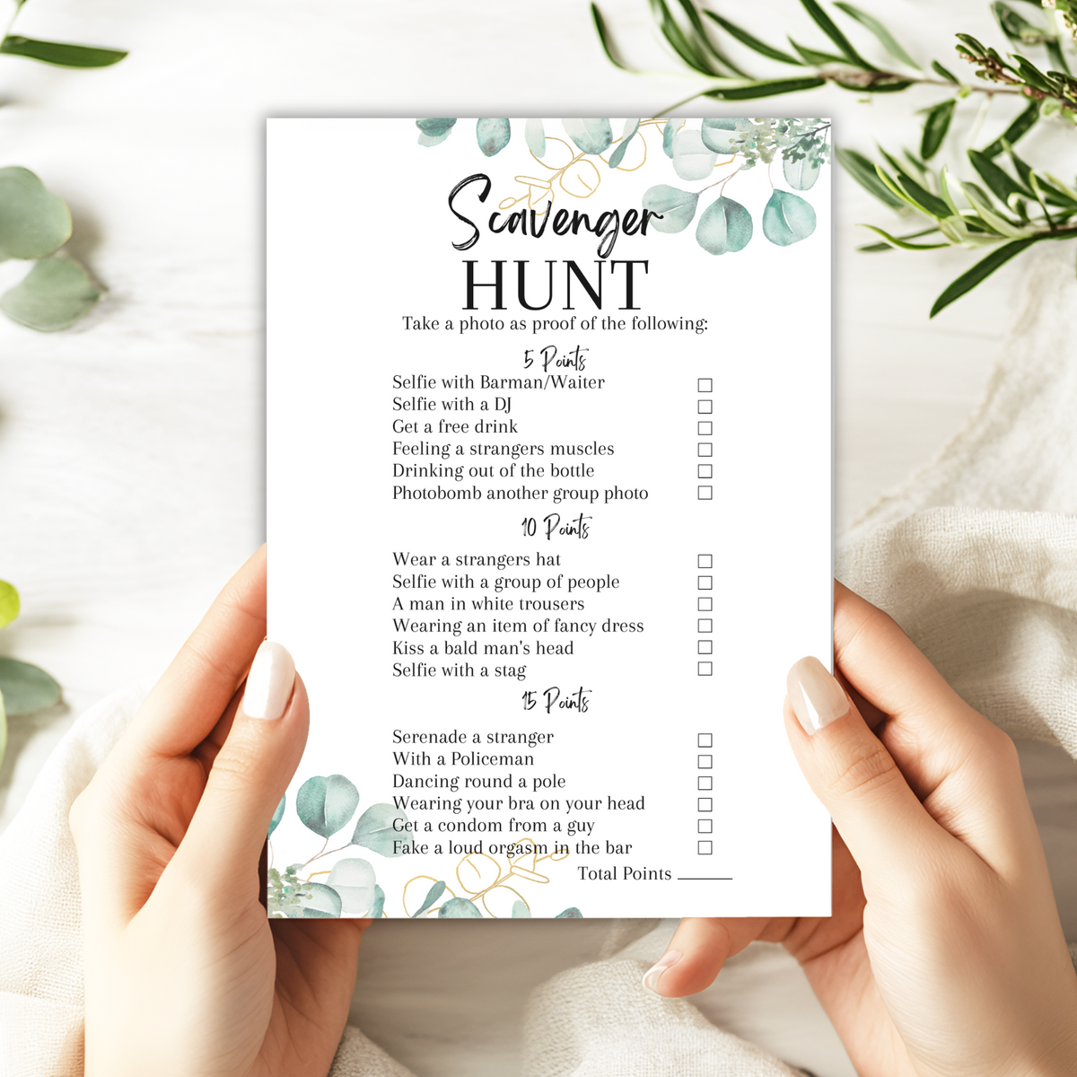 Hen Party Scavenger Hunt Game | A5 Bridal Shower Challenge | Funny Icebreaker Game | Eucalyptus Theme | Printed UK | Bachelorette Party Fun