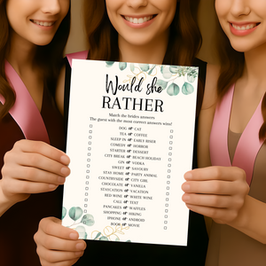 Would She Rather Hen Party Game | A5 Printed Bridal Shower Game | Bride Guessing Game | Fun Icebreaker | Eucalyptus Design