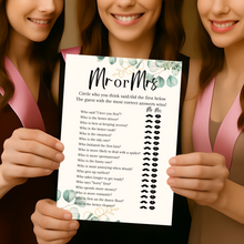 Load image into Gallery viewer, Mr or Mrs Hen Party Game | A5 Printed Bridal Shower Game | Fun Bride &amp; Groom Quiz | Eucalyptus Theme | Wedding Party Activity