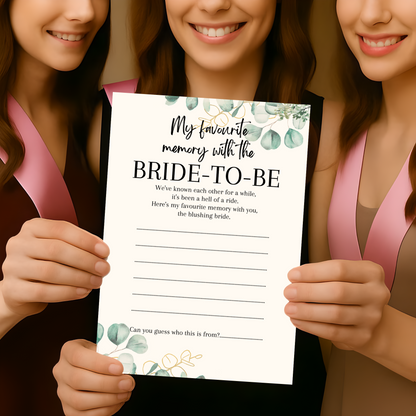 Favourite Memory with the Bride Game | A5 Printed Hen Party Activity | Keepsake Card | Bridal Shower Game | Eucalyptus Design