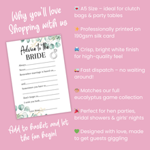 Load image into Gallery viewer, Advice to the Bride Hen Party Game | Keepsake Bridal Shower Activity | A5 Eucalyptus Cards | Bachelorette Party Games | Bridal Shower Games