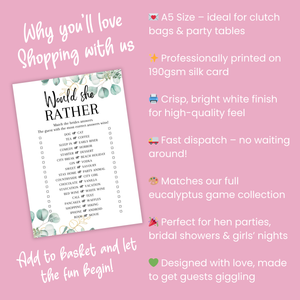 Would She Rather Hen Party Game | A5 Printed Bridal Shower Game | Bride Guessing Game | Fun Icebreaker | Eucalyptus Design