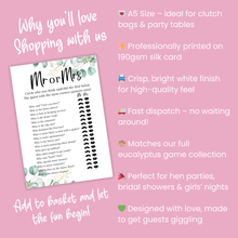 Load image into Gallery viewer, Mr or Mrs Hen Party Game | A5 Printed Bridal Shower Game | Fun Bride &amp; Groom Quiz | Eucalyptus Theme | Wedding Party Activity
