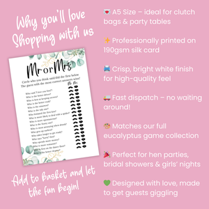 Mr or Mrs Hen Party Game | A5 Printed Bridal Shower Game | Fun Bride & Groom Quiz | Eucalyptus Theme | Wedding Party Activity