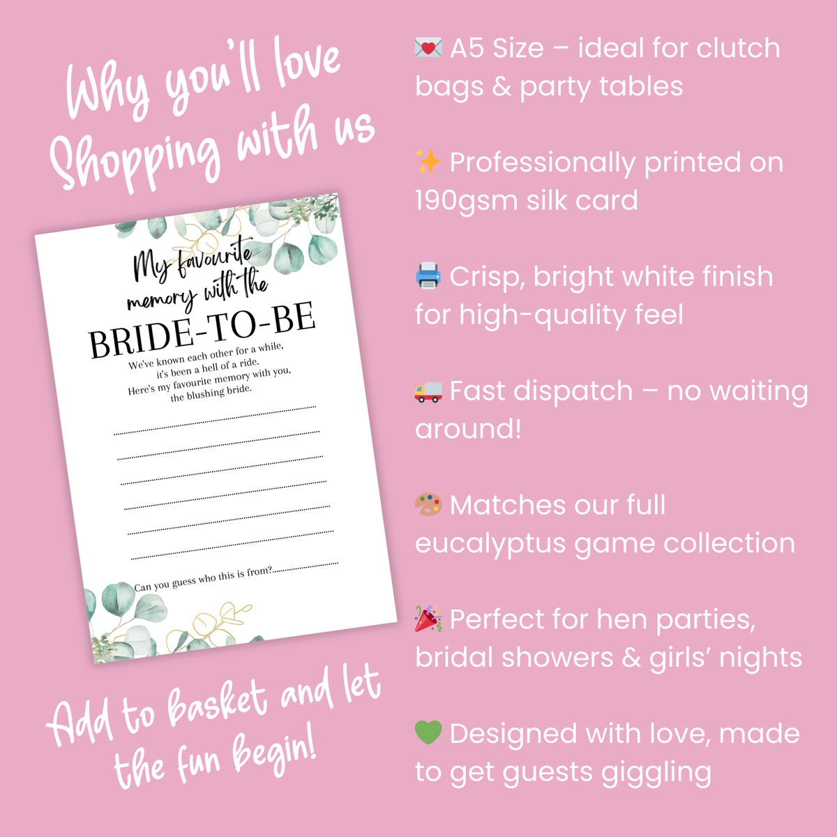 Favourite Memory with the Bride Game | A5 Printed Hen Party Activity | Keepsake Card | Bridal Shower Game | Eucalyptus Design