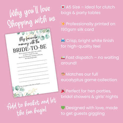 Favourite Memory with the Bride Game | A5 Printed Hen Party Activity | Keepsake Card | Bridal Shower Game | Eucalyptus Design