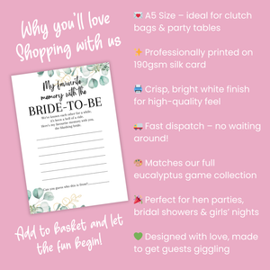 Favourite Memory with the Bride Game | A5 Printed Hen Party Activity | Keepsake Card | Bridal Shower Game | Eucalyptus Design