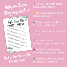 Load image into Gallery viewer, Who Knows the Bride Best Game | Hen Party Quiz | Bridal Shower Trivia | Eucalyptus Theme | Printed in UK | Wedding Fun | A5 Hen Games