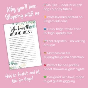 Who Knows the Bride Best Game | Hen Party Quiz | Bridal Shower Trivia | Eucalyptus Theme | Printed in UK | Wedding Fun | A5 Hen Games