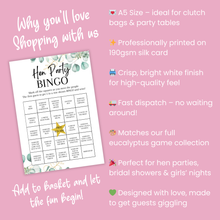 Load image into Gallery viewer, Hen Party Bingo Game | Bridal Shower Icebreaker | A5 Printed Cards | Eucalyptus Design | Funny &amp; Fun Game for Bride Tribe Party