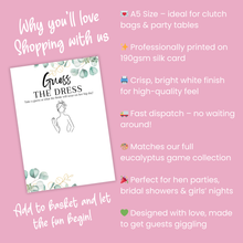 Load image into Gallery viewer, Guess the Dress Hen Party Game | A5 Printed Cards | Fun Bridal Shower Activity | Eucalyptus Design | Wedding Dress Drawing Game