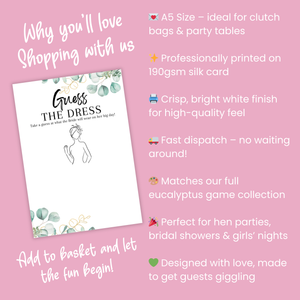 Guess the Dress Hen Party Game | A5 Printed Cards | Fun Bridal Shower Activity | Eucalyptus Design | Wedding Dress Drawing Game