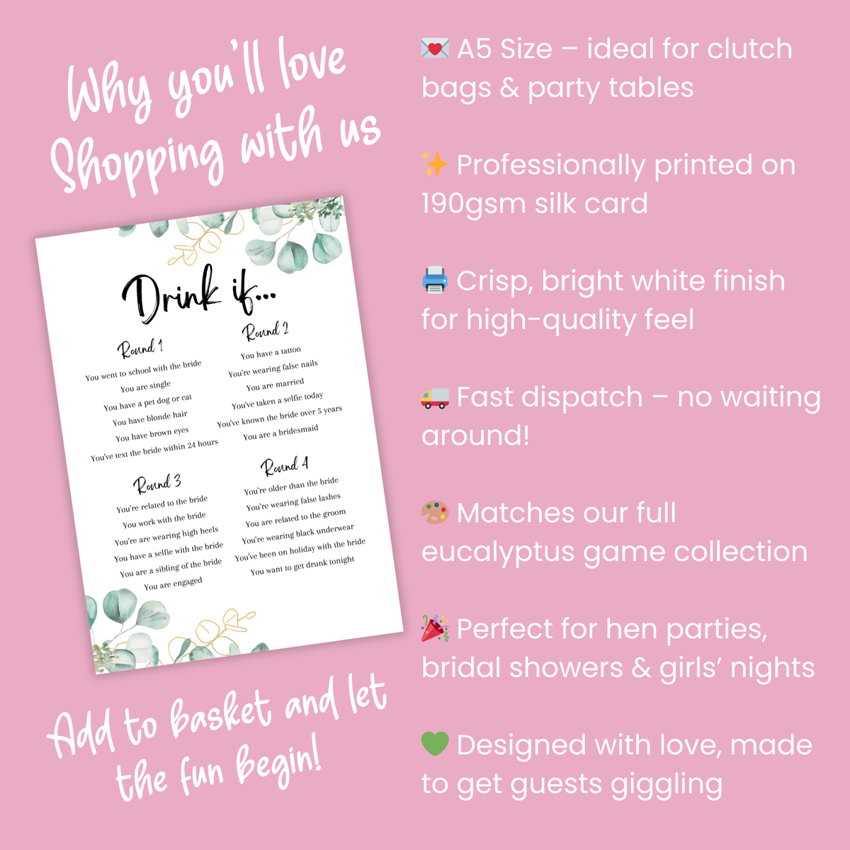 Drink If Hen Party Game | Eucalyptus Design | Funny Bridal Shower Game | Printed A5 Cards | Hens Night Activity | Bride Tribe Fun