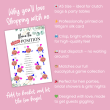 Load image into Gallery viewer, Name the Position! Funny Hen Party Game | Cheeky A5 Bridal Shower Game | Saucy Bachelorette Icebreaker for Adults