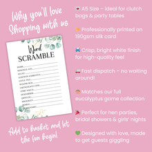 Load image into Gallery viewer, Hen Party Word Scramble Game | A5 Bridal Shower Puzzle | Wedding Themed Fun | Eucalyptus Design | Printed in UK | With Answers | Bachelorette