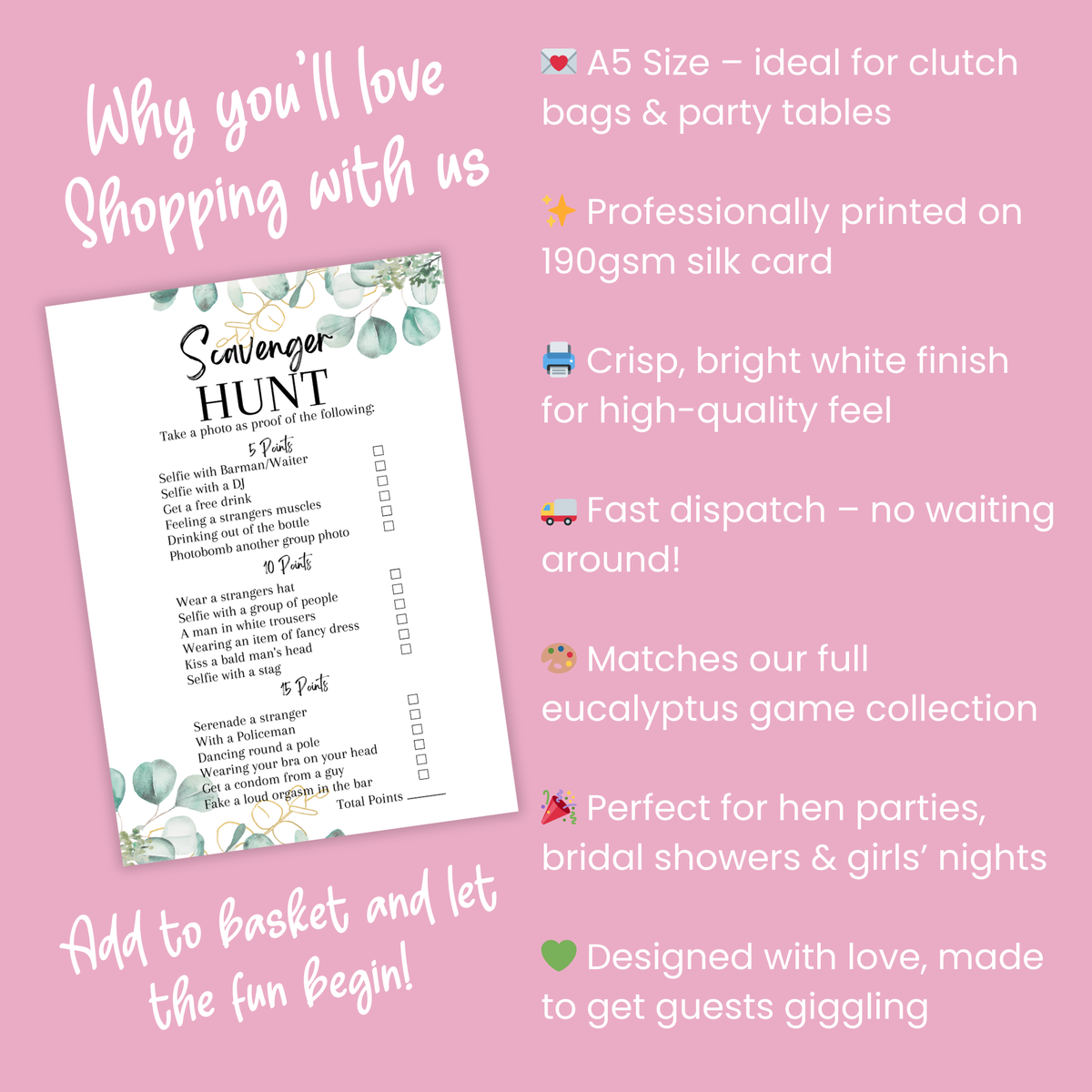 Hen Party Scavenger Hunt Game | A5 Bridal Shower Challenge | Funny Icebreaker Game | Eucalyptus Theme | Printed UK | Bachelorette Party Fun
