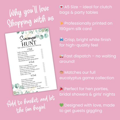 Hen Party Scavenger Hunt Game | A5 Bridal Shower Challenge | Funny Icebreaker Game | Eucalyptus Theme | Printed UK | Bachelorette Party Fun