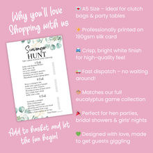 Load image into Gallery viewer, Hen Party Scavenger Hunt Game | A5 Bridal Shower Challenge | Funny Icebreaker Game | Eucalyptus Theme | Printed UK | Bachelorette Party Fun