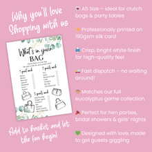 Load image into Gallery viewer, What&#39;s in Your Bag Game | A5 Hen Party Activity | Bridal Shower Printable Game | Eucalyptus Theme | Fun Icebreaker | UK Printed Bachelorette