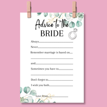 Load image into Gallery viewer, Advice to the Bride Hen Party Game | Keepsake Bridal Shower Activity | A5 Eucalyptus Cards | Bachelorette Party Games | Bridal Shower Games
