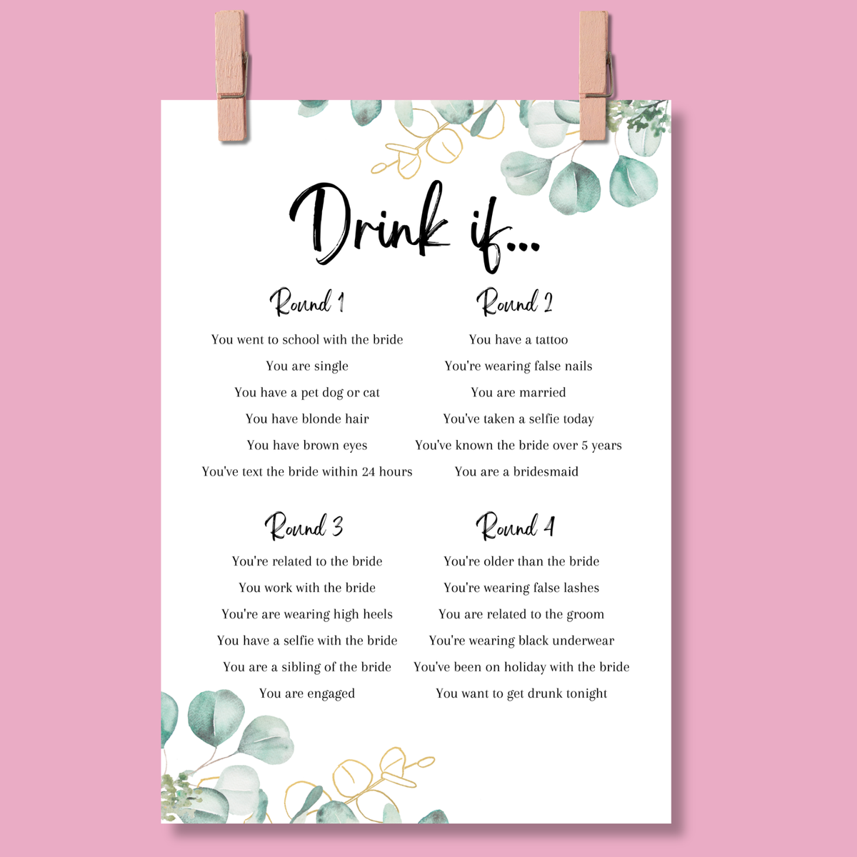 Drink If Hen Party Game | Eucalyptus Design | Funny Bridal Shower Game | Printed A5 Cards | Hens Night Activity | Bride Tribe Fun