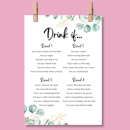 Drink If Hen Party Game | Eucalyptus Design | Funny Bridal Shower Game | Printed A5 Cards | Hens Night Activity | Bride Tribe Fun