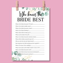 Load image into Gallery viewer, Who Knows the Bride Best Game | Hen Party Quiz | Bridal Shower Trivia | Eucalyptus Theme | Printed in UK | Wedding Fun | A5 Hen Games