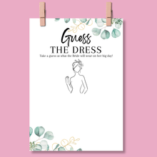 Load image into Gallery viewer, Guess the Dress Hen Party Game | A5 Printed Cards | Fun Bridal Shower Activity | Eucalyptus Design | Wedding Dress Drawing Game