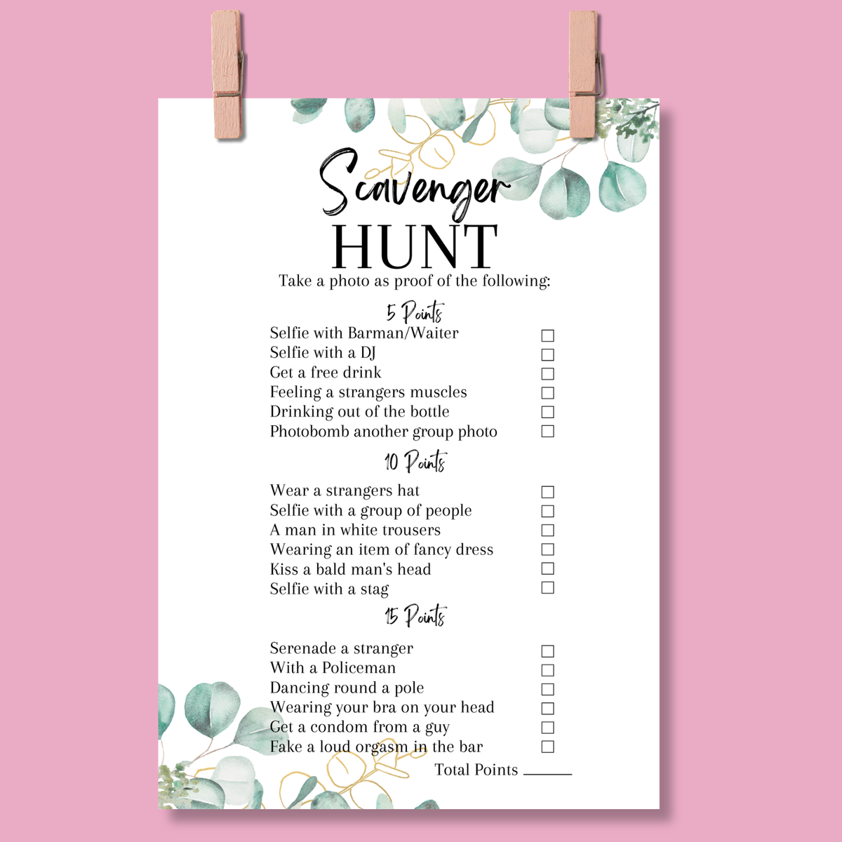 Hen Party Scavenger Hunt Game | A5 Bridal Shower Challenge | Funny Icebreaker Game | Eucalyptus Theme | Printed UK | Bachelorette Party Fun