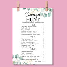 Load image into Gallery viewer, Hen Party Scavenger Hunt Game | A5 Bridal Shower Challenge | Funny Icebreaker Game | Eucalyptus Theme | Printed UK | Bachelorette Party Fun