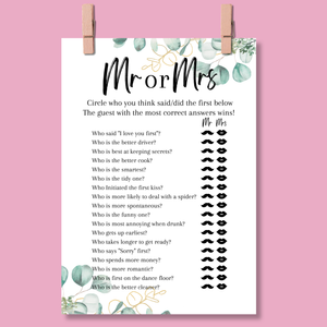 Mr or Mrs Hen Party Game | A5 Printed Bridal Shower Game | Fun Bride & Groom Quiz | Eucalyptus Theme | Wedding Party Activity