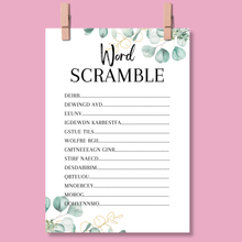 Load image into Gallery viewer, Hen Party Word Scramble Game | A5 Bridal Shower Puzzle | Wedding Themed Fun | Eucalyptus Design | Printed in UK | With Answers | Bachelorette