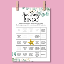Load image into Gallery viewer, Hen Party Bingo Game | Bridal Shower Icebreaker | A5 Printed Cards | Eucalyptus Design | Funny &amp; Fun Game for Bride Tribe Party