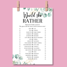 Load image into Gallery viewer, Would She Rather Hen Party Game | A5 Printed Bridal Shower Game | Bride Guessing Game | Fun Icebreaker | Eucalyptus Design