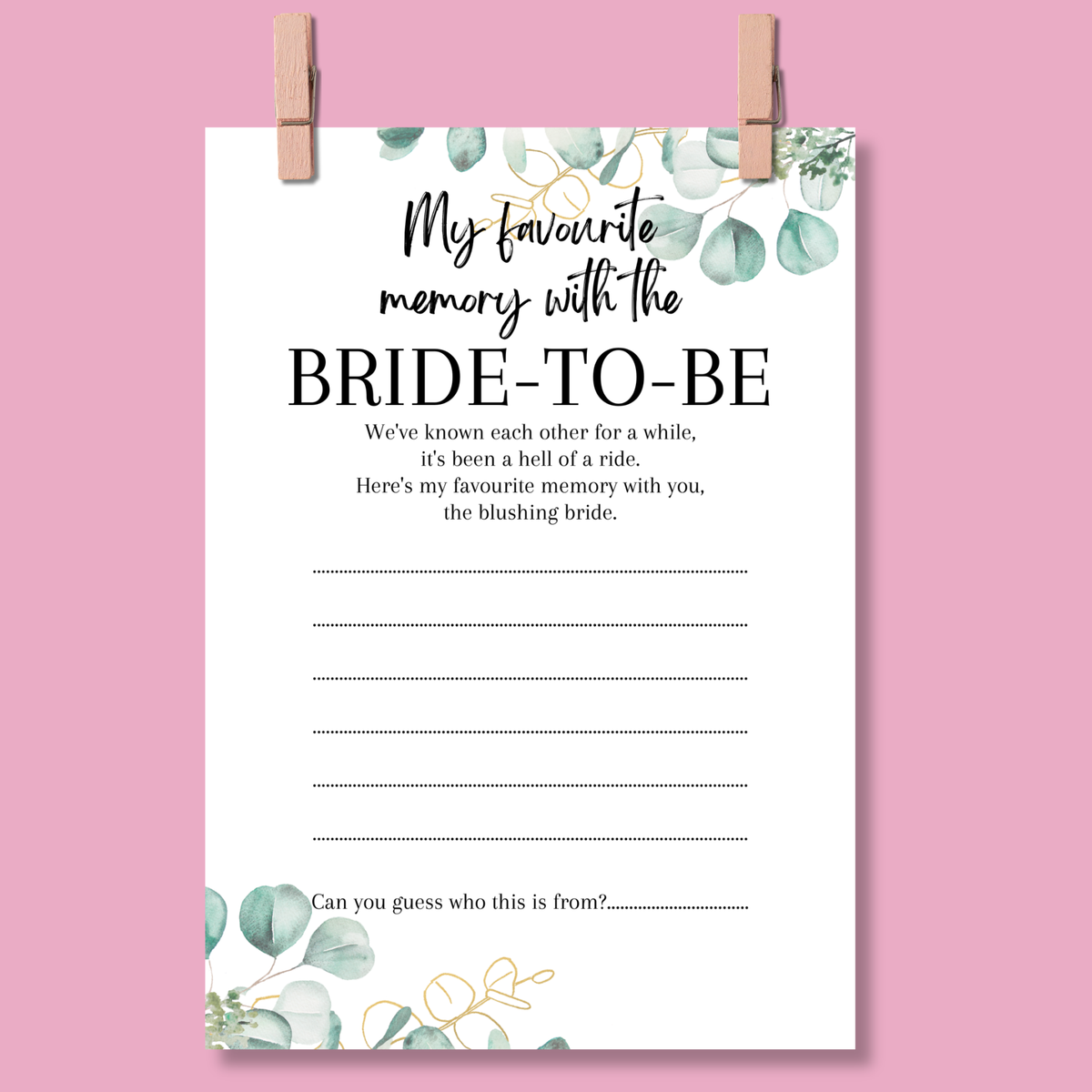Favourite Memory with the Bride Game | A5 Printed Hen Party Activity | Keepsake Card | Bridal Shower Game | Eucalyptus Design