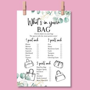 What's in Your Bag Game | A5 Hen Party Activity | Bridal Shower Printable Game | Eucalyptus Theme | Fun Icebreaker | UK Printed Bachelorette