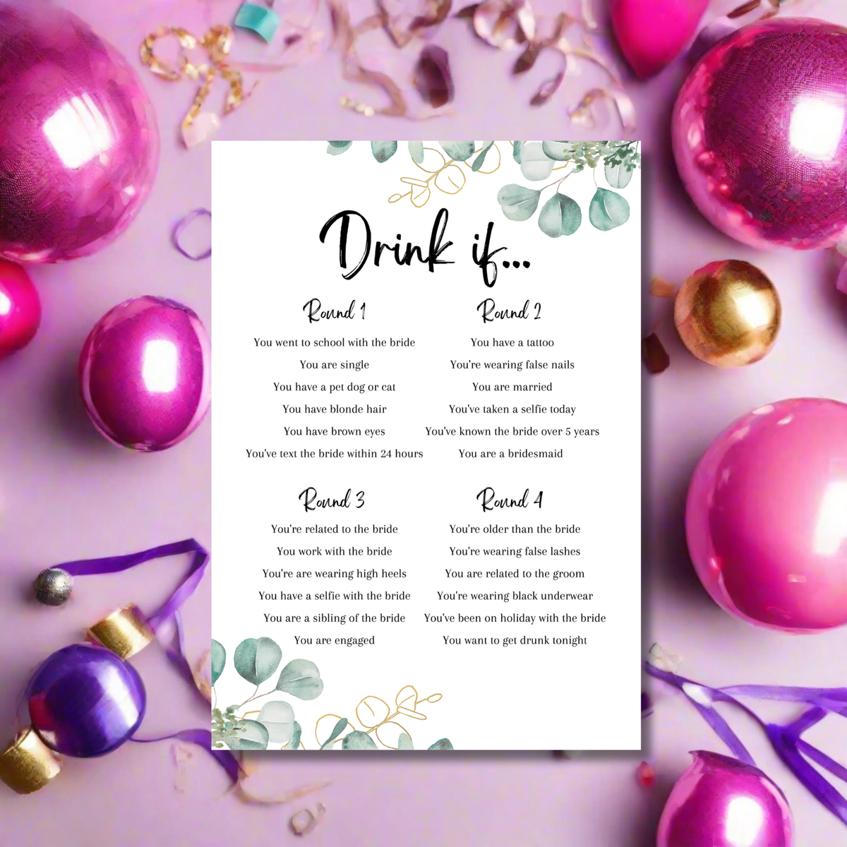 Drink If Hen Party Game | Eucalyptus Design | Funny Bridal Shower Game | Printed A5 Cards | Hens Night Activity | Bride Tribe Fun