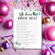 Load image into Gallery viewer, Who Knows the Bride Best Game | Hen Party Quiz | Bridal Shower Trivia | Eucalyptus Theme | Printed in UK | Wedding Fun | A5 Hen Games