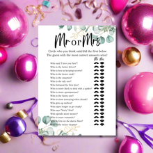 Load image into Gallery viewer, Mr or Mrs Hen Party Game | A5 Printed Bridal Shower Game | Fun Bride &amp; Groom Quiz | Eucalyptus Theme | Wedding Party Activity