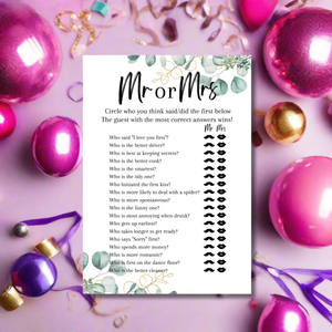 Mr or Mrs Hen Party Game | A5 Printed Bridal Shower Game | Fun Bride & Groom Quiz | Eucalyptus Theme | Wedding Party Activity