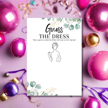 Load image into Gallery viewer, Guess the Dress Hen Party Game | A5 Printed Cards | Fun Bridal Shower Activity | Eucalyptus Design | Wedding Dress Drawing Game