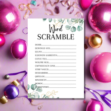 Load image into Gallery viewer, Hen Party Word Scramble Game | A5 Bridal Shower Puzzle | Wedding Themed Fun | Eucalyptus Design | Printed in UK | With Answers | Bachelorette