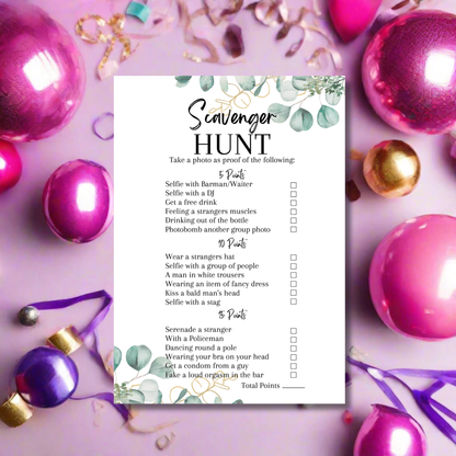 Hen Party Scavenger Hunt Game | A5 Bridal Shower Challenge | Funny Icebreaker Game | Eucalyptus Theme | Printed UK | Bachelorette Party Fun